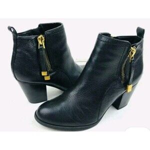 Franco Sarto Women Ankle Bootie Size 9 Diana Black Leather Gold Zip Tassel